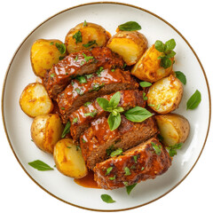 Delicious Homemade Meatloaf with Crispy Roasted Potatoes and Fresh Herbs on a White Plate on transparent background