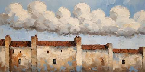 Heavily Textured Oil Painting of Ancient Stone Buildings Under a Cloudy Sky, Palette Knife Art