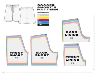 Technical flat of soccer shorts sewing pattern with full-size templates for sportswear production. Includes front, back, and lining pieces for different sizes, ideal for fashion design and garment mak