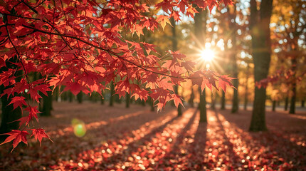 Golden sunlight filters through vibrant red maple leaves and casts long shadows across a forest floor covered in fallen leaves. A beautiful autumn scene.