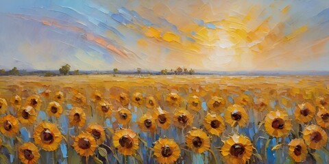 Sunflower Field Sunset Oil Painting