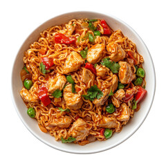 Delicious Chicken Noodle Bowl with Peppers and Peas in Savory Sauce, Perfect for a Quick Meal on transparent background