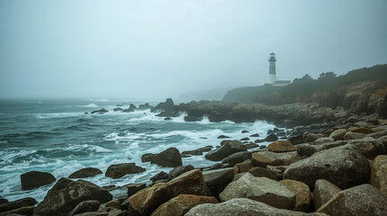 A lighthouse stands on a rocky coast, with waves crashing against the shore under a foggy sky. The foreground is filled with large, weathered stones.
