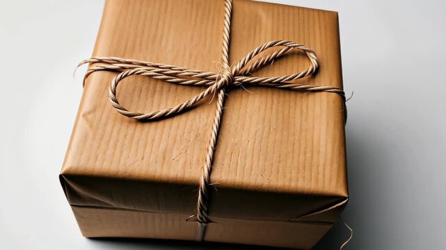 Gift Box: A neatly wrapped gift box, its rustic brown paper tied with a natural twine bow, symbolizing the thoughtfulness of giving and the anticipation of a special occasion.