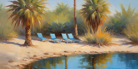 Desert Oasis with Palm Trees and Lounge Chairs Painting