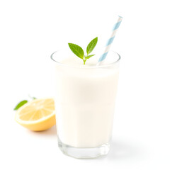 Airan or kefir drink, fermented milk drink, fermented probiotics on a white background. Ayran is a popular refreshing Middle Eastern beverage made with yogurt, water and salt.