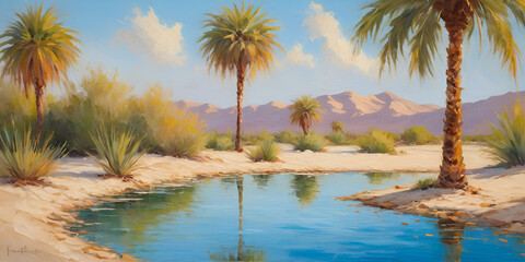 Desert Oasis with Palm Trees and Lounge Chairs Painting