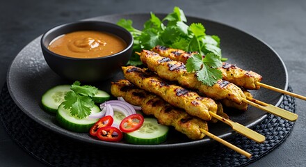 Close-up of succulent grilled chicken satay skewers, perfectly charred and caramelized, on a wooden serving board. The grilled meat is juicy and flavorful, perfect for a summer barbecue or party
