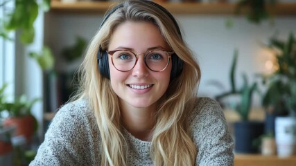 A young woman listening to music through headphones with a focused and relaxed expression.