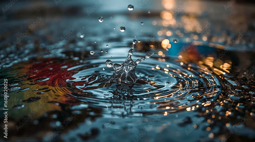 Poster a dramatic close-up captures a splash of water creating an abstract crown shape, with ripples expand