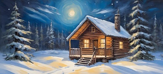 Cozy Log Cabin in Snowy Winter Forest at Night Painting