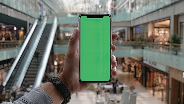 Smartphone held in hand, shopping mall background (1) - Powered by Adobe