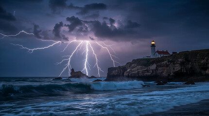 A dramatic scene unfolds as a powerful lightning storm illuminates the sky over a rugged coastline and a beacon lighthouse, with waves crashing ashore.