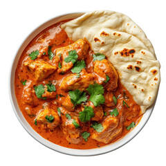 Delicious Chicken Curry with Naan Bread, Garnished with Fresh Cilantro in a Vibrant Bowl Setting on transparent background