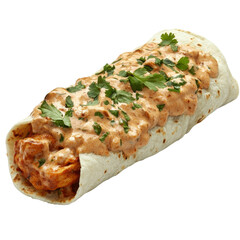 Delicious Chicken Burrito with Creamy Sauce and Fresh Cilantro Topping on transparent background