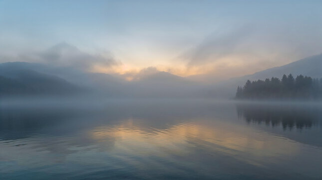 Misty sunrise over a calm lake, with silhouettes of mountains and trees reflected in the water. Soft pastel colors blend into the tranquil scene.