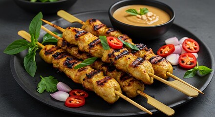 Close-up of succulent grilled chicken satay skewers, perfectly charred and caramelized, on a wooden serving board. The grilled meat is juicy and flavorful, perfect for a summer barbecue or party