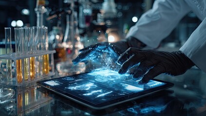 Scientist using a tablet in a lab, glowing holographic data