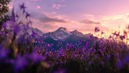 Mountain range panorama at sunset, framed by purple wildflowers