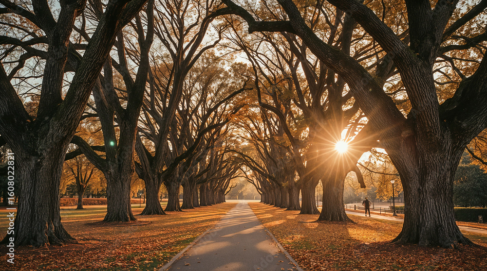 Poster a tree-lined path in autumn with sunlight streaming through the branches and casting long shadows on