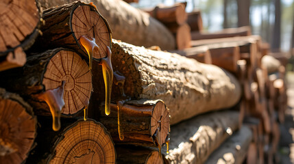 Detailed view of stacked tree logs with visible resin dripping under sunlight, emphasizing natural patterns and textures.