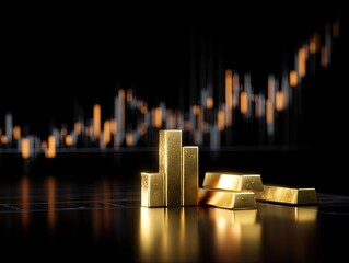 Gold bars on a dark surface with a financial chart in the background