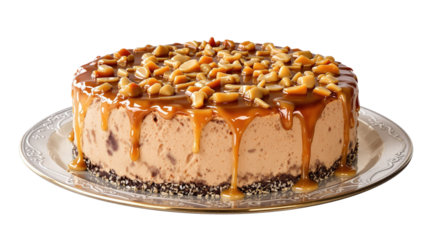 Delicious Caramel Cake With Peanut Topping On Silver Plate With Transparent Background