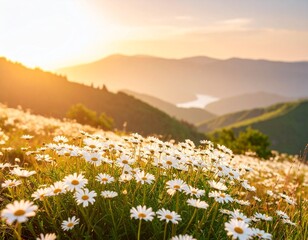 meadow of daisies in mountains at sunrise