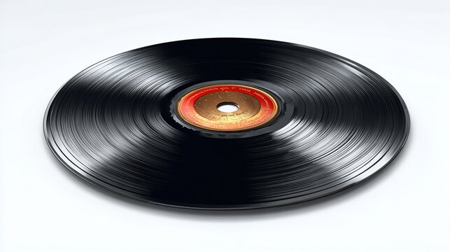 Vinyl record on a white surface, angled to the right, with a colorful center label