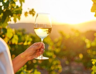 hand raising a glass of wine towards the sunset