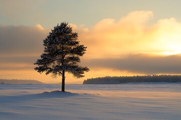 A solitary tree stands in a snow covered landscape under a golden sky during the winter season