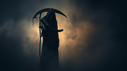 Grim reaper reaching towards the camera over dark, misty background with copy space