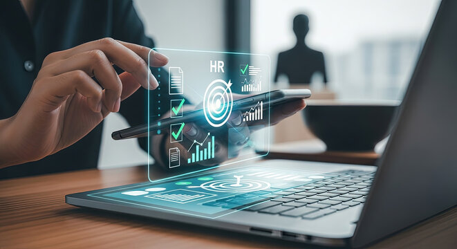 HR Technology Solutions: Woman Using Mobile App for Recruitment Analytics and Data Driven Insights on Laptop for Business Growth and Strategy