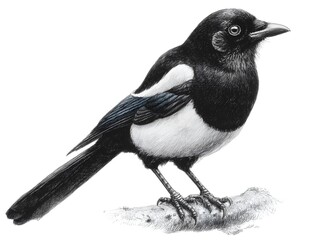 Obraz premium Detailed illustration of a magpie bird perched gracefully on a branch with white background for easy use.