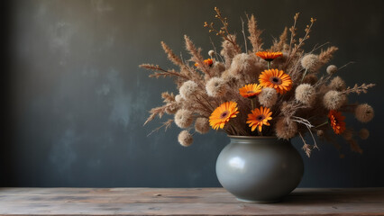 Floral arrangement of orange gerbera daisies and dried plants in ceramic vase on wood