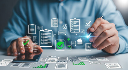 Digital Business Strategy: Man Analyzing Data and Checklist on Smartphone for Project Management and Productivity, Modern Workflow and Efficiency