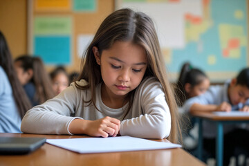 A schoolgirl sits at a desk concentrating deeply on a blank piece of paper while classmates are busy with their work in a colorful classroom. Back to school day. Generative AI.