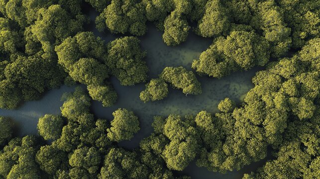 Aerial view of dense mangrove forest with winding waterways weaving through lush green foliage.