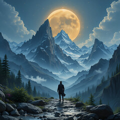 homem com montanhas ao fundo na golder hour