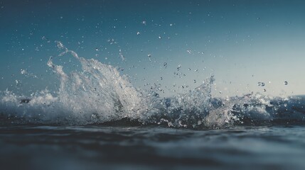 A close-up of ocean waves crashing and splashing water droplets against a clear blue sky.