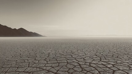 A vast, cracked dry lakebed stretches toward distant mountains under a pale, hazy sky, evoking drought and arid conditions.