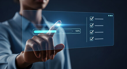 Digital Transformation Concept: Businesswoman Completing Tasks on Virtual Interface with Checklist and Progress Bar. Modern Technology and Workflow.