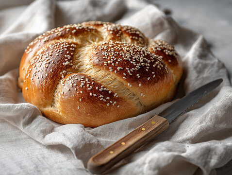 Freshly baked round challah bread with sesame seeds on linen cloth