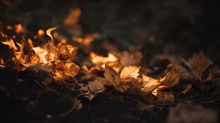 Dry autumn leaves burning softly on the ground, glowing with warm orange flames in a dark setting.