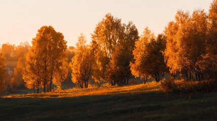 Obraz premium Autumn landscape with trees featuring golden leaves bathed in warm sunlight over a grassy field at sunset.