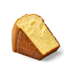 A slice of golden pound cake with a moist, dense texture and a slightly crumbly exterior.