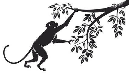 Fototapeta premium Silhouette of a monkey hanging from a tree branch with leaves in a black and white illustration style
