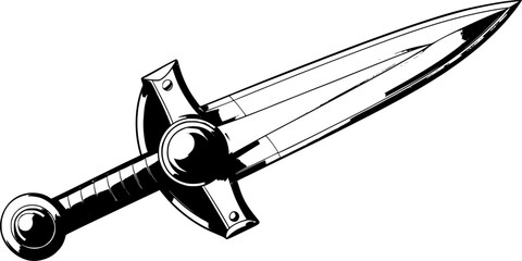Illustration of a fantasy style sword with a shiny, sharp blade, with an elegant curved shape.