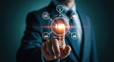 HR Management Technology: Businessman Taps Virtual Interface for Human Resources, Talent Acquisition, and Employee Growth Solutions. Modern HR Tech.