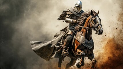 Epic medieval knight on horseback, captured in dynamic low-angle shot. Dramatic dust and motion evoke a cinematic video game feel. Live desktop wallpaper. - Powered by Adobe